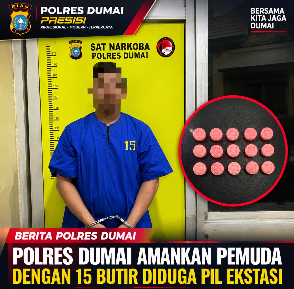 Polres Dumai Amankan Pemuda dengan 15 Butir Diduga Pil Ekstasi